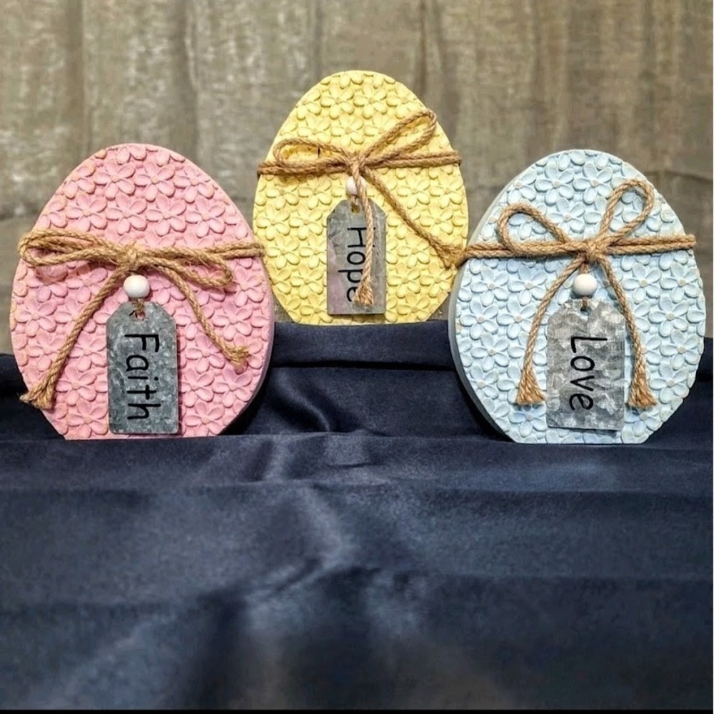 7" Wood Egg Decor Faith Hope Love Easter Spring Pastel Metal Folk Rope NEW set 3